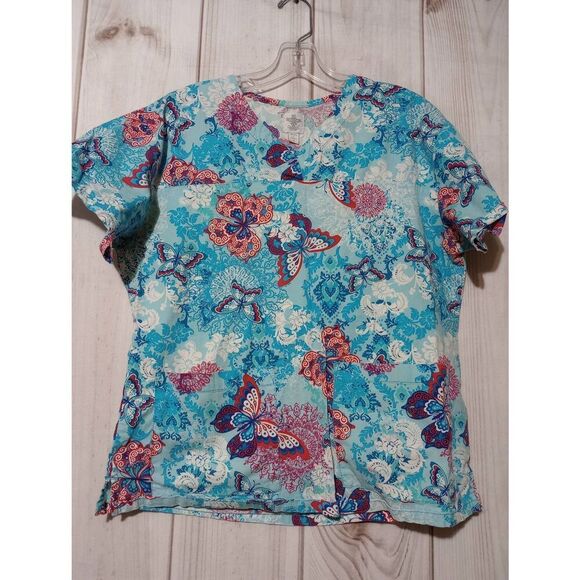 Med Courture‎ Scrub Top Ladies Medium Blue Red Butterfly - Picture 1 of 6